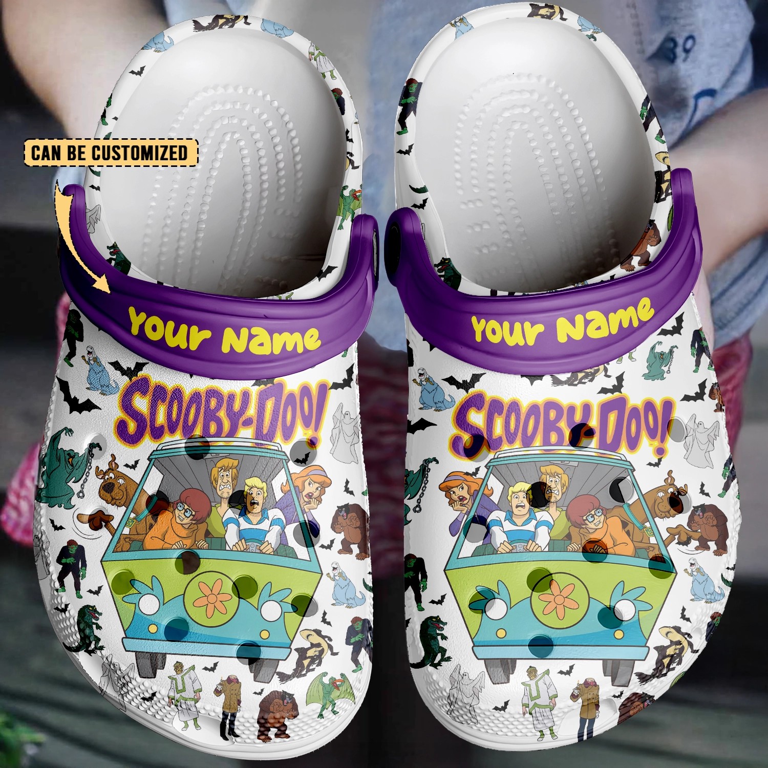 custom name scooby doo and friends with funny tiny pattern white clogs for kids and adults fast shipping sihbj