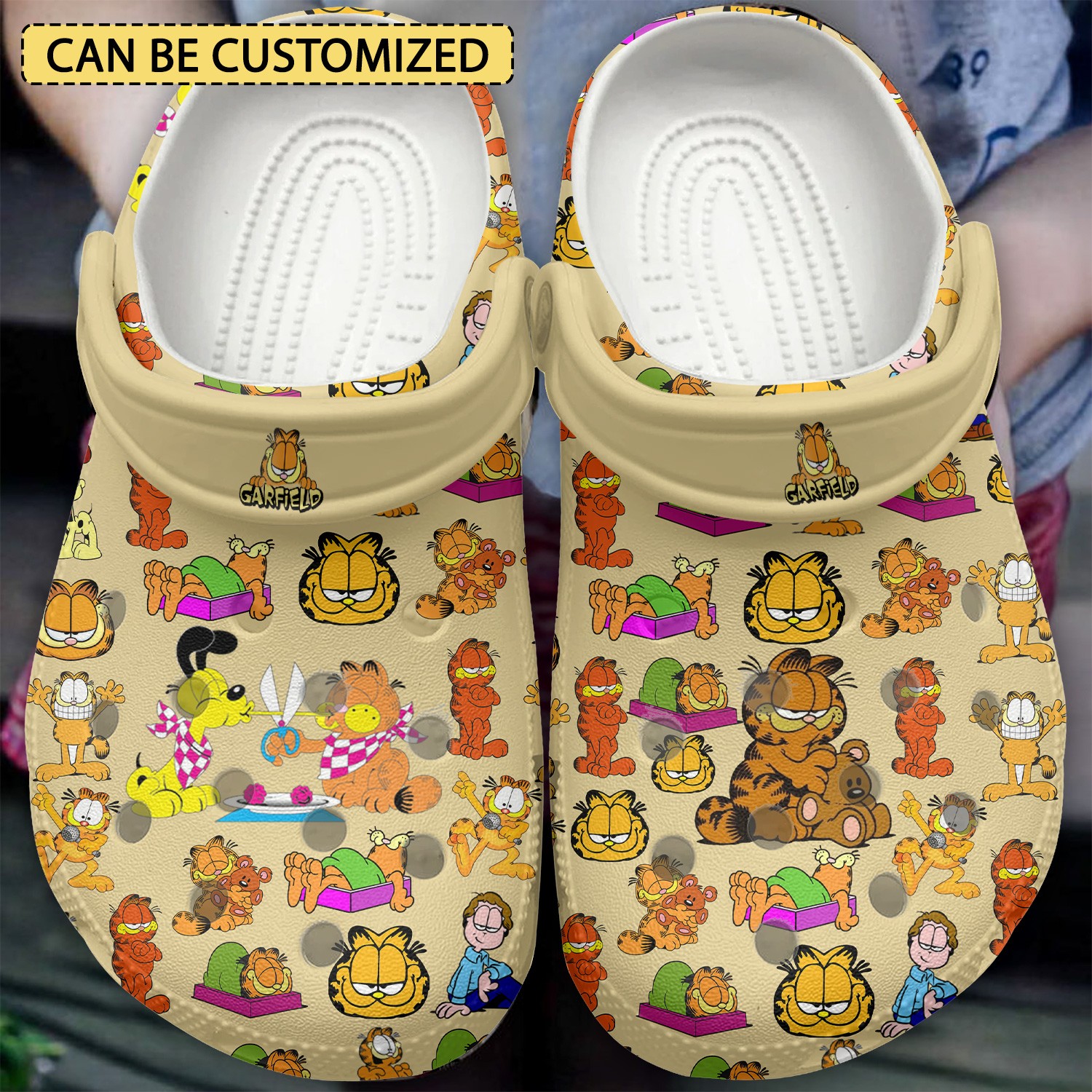 custom name sleepy garfield cartoon funny pattern light yellow clogs for kids and adults fast shipping gqxcy