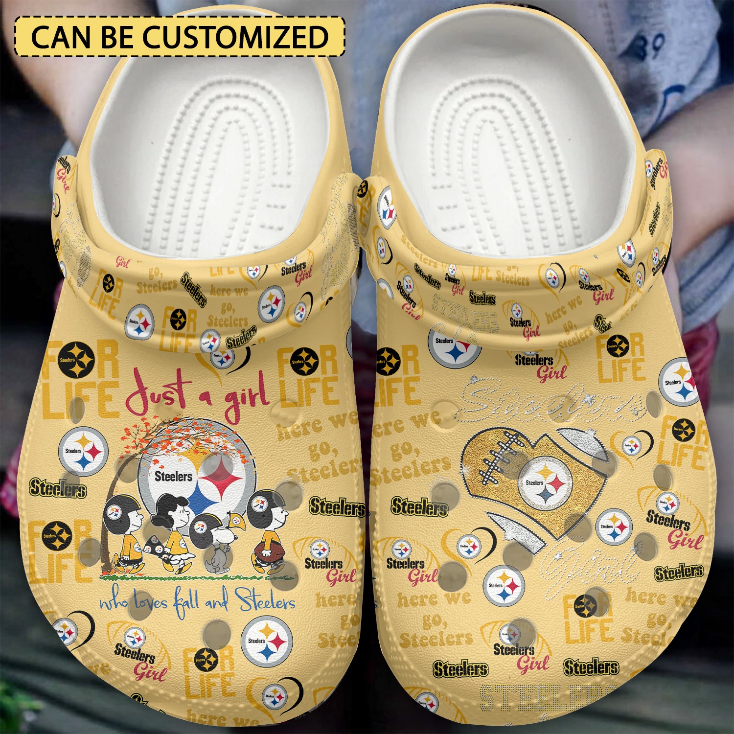custom name snoopy and pittsburgh steelers nfl sport beige clogs for kids and adults uyepe