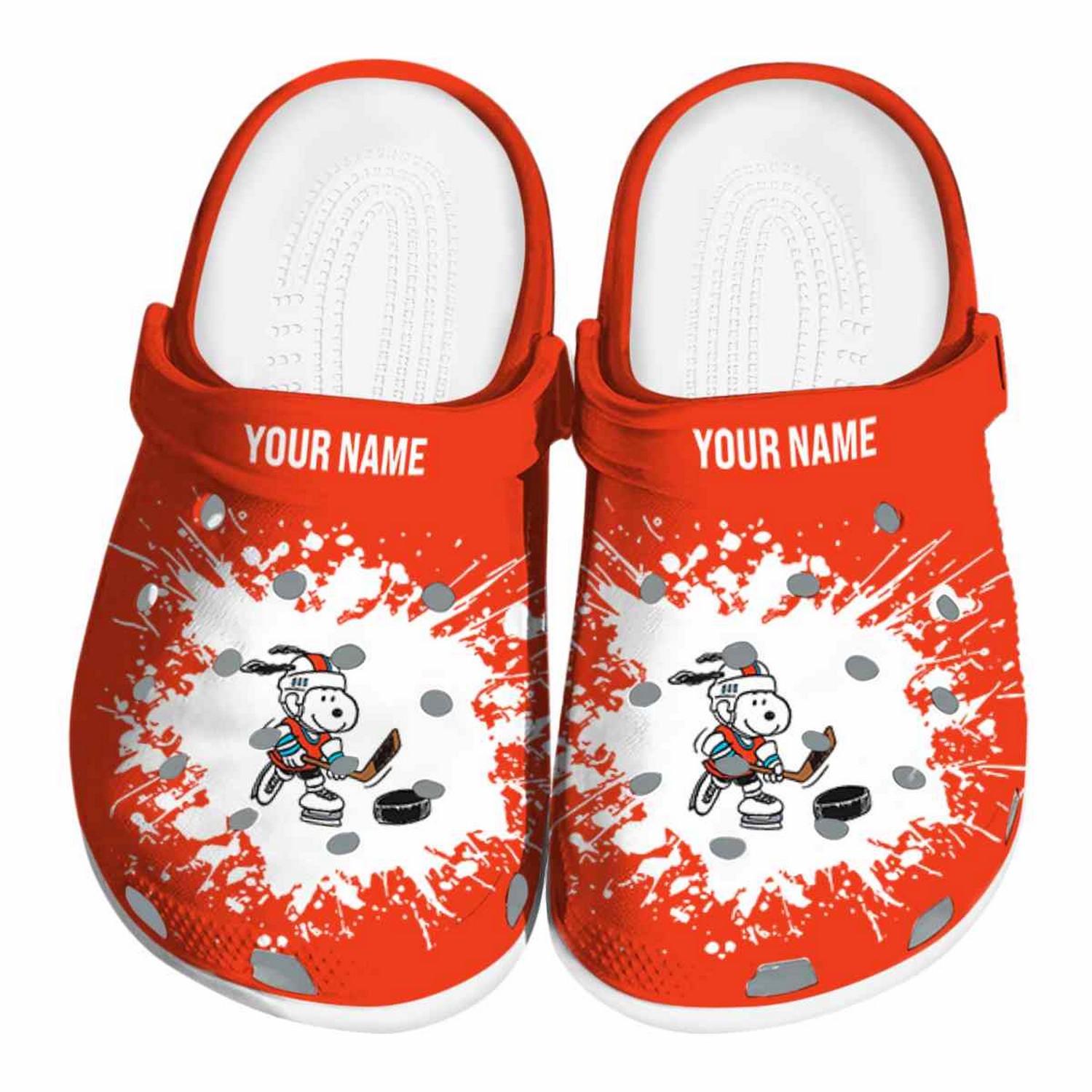 custom name snoopy hockey splatter background clog clogs fast shipping available bncbm