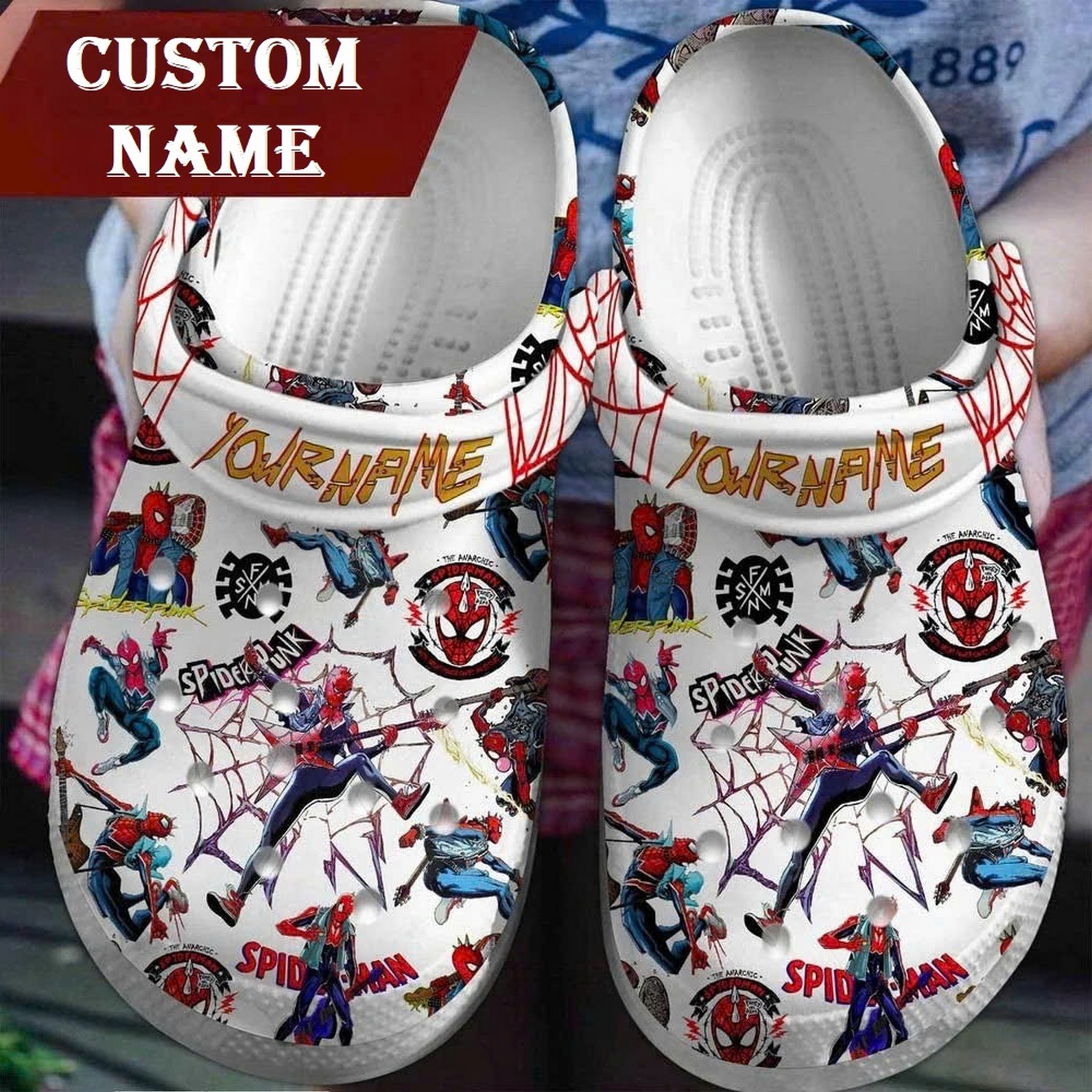 custom name spider pun spiderman rockstar clogs for kids and adults hrvrt