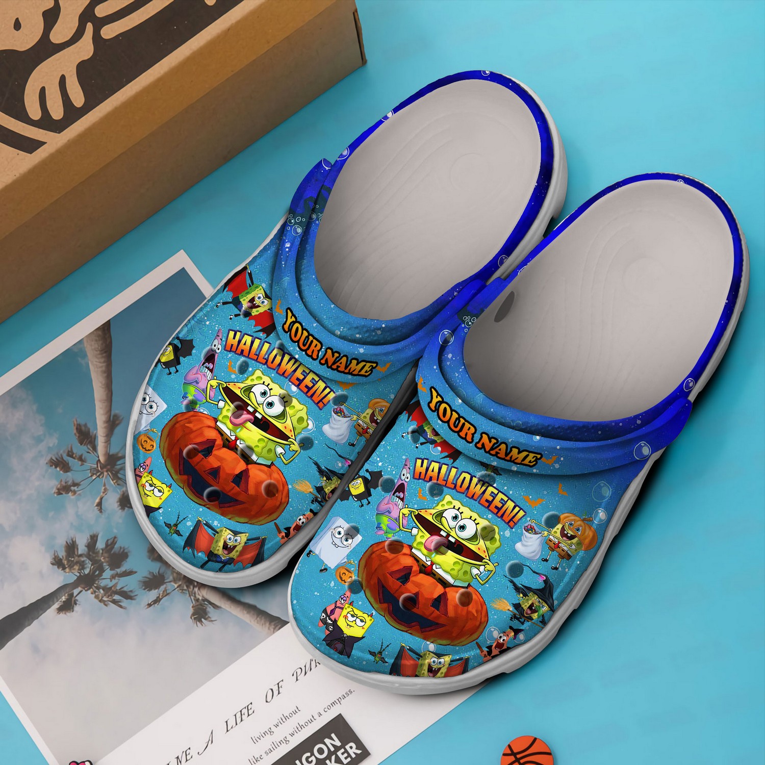 custom name spongebob and halloween pumkin blue clogs for kids and adults meeni