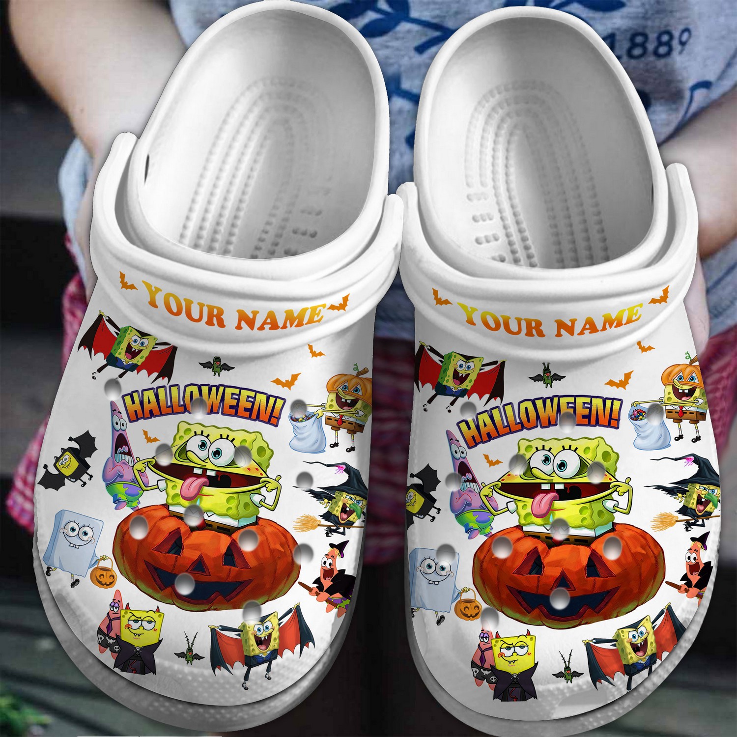 custom name spongebob and halloween pumkin white clogs for kids and adults kidm3