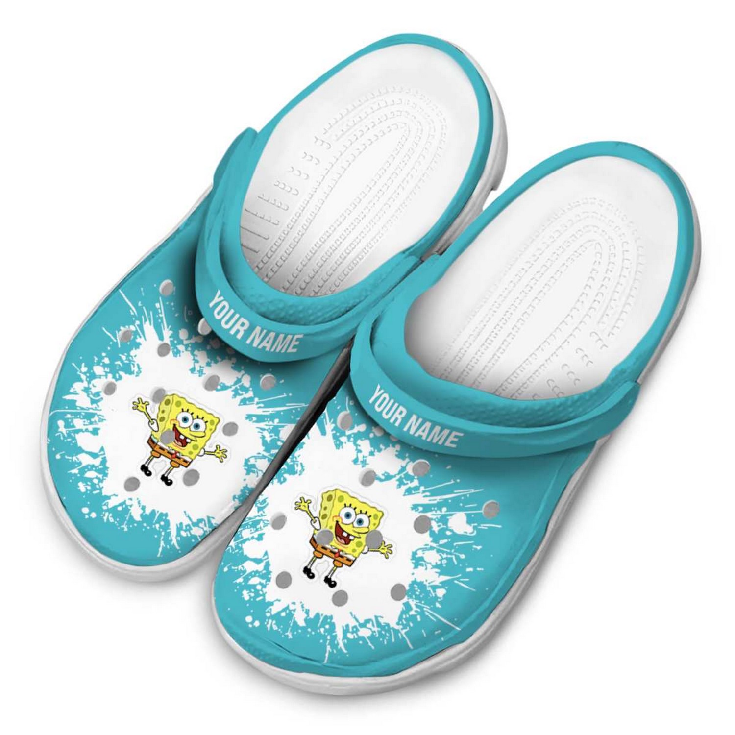 custom name spongebob spatter background clogs for kids and adults nlios