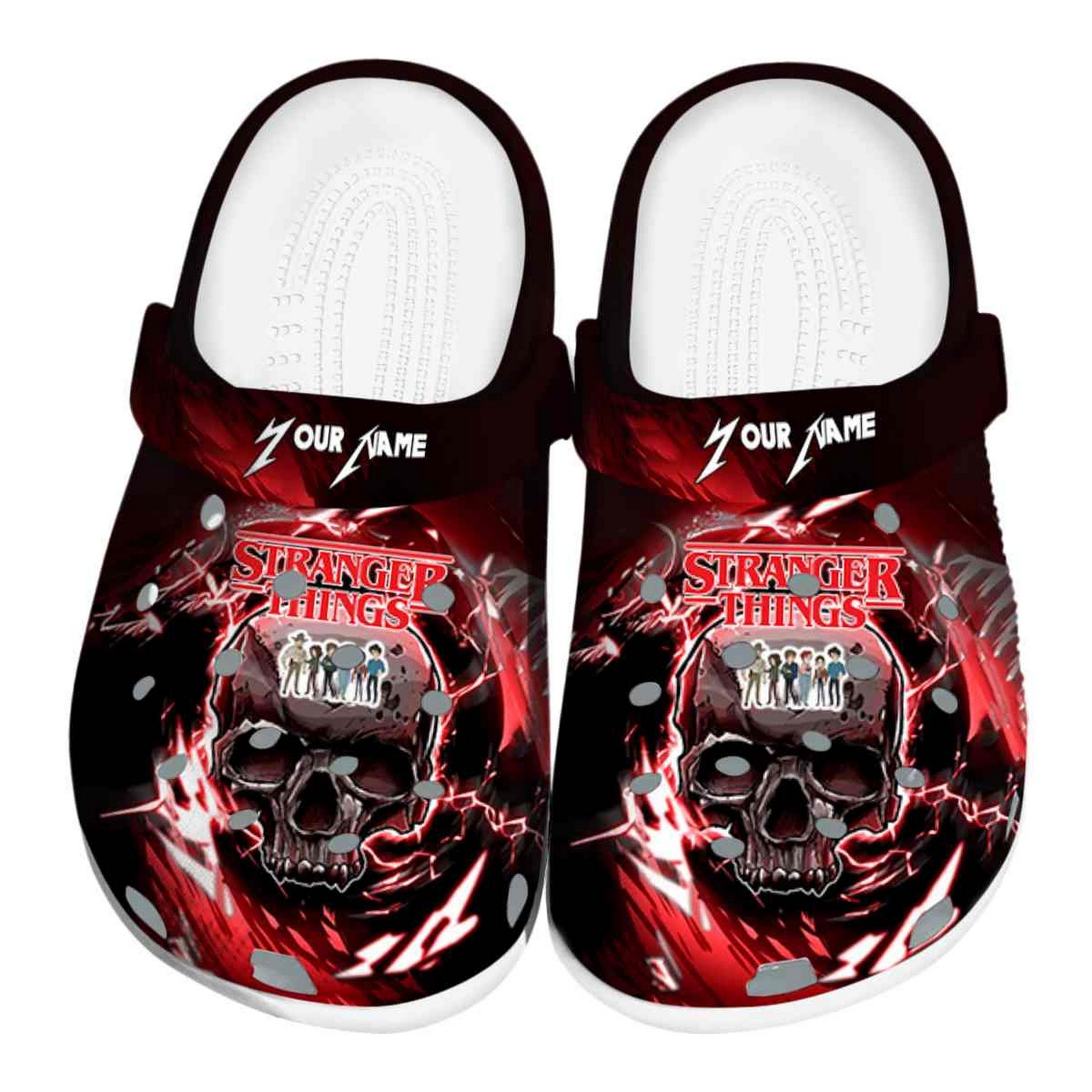 custom name stranger things gothic skull clogs for kids 26 adults dmgto
