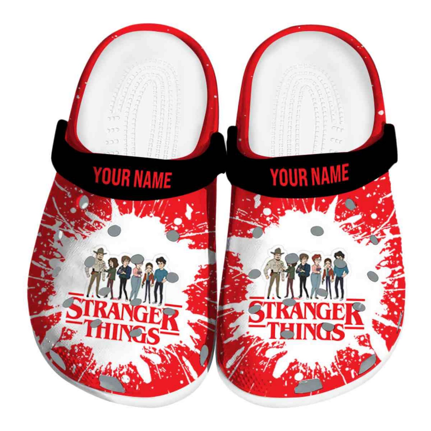 custom name stranger things splash art clogs for kids 26 adults ev3iu
