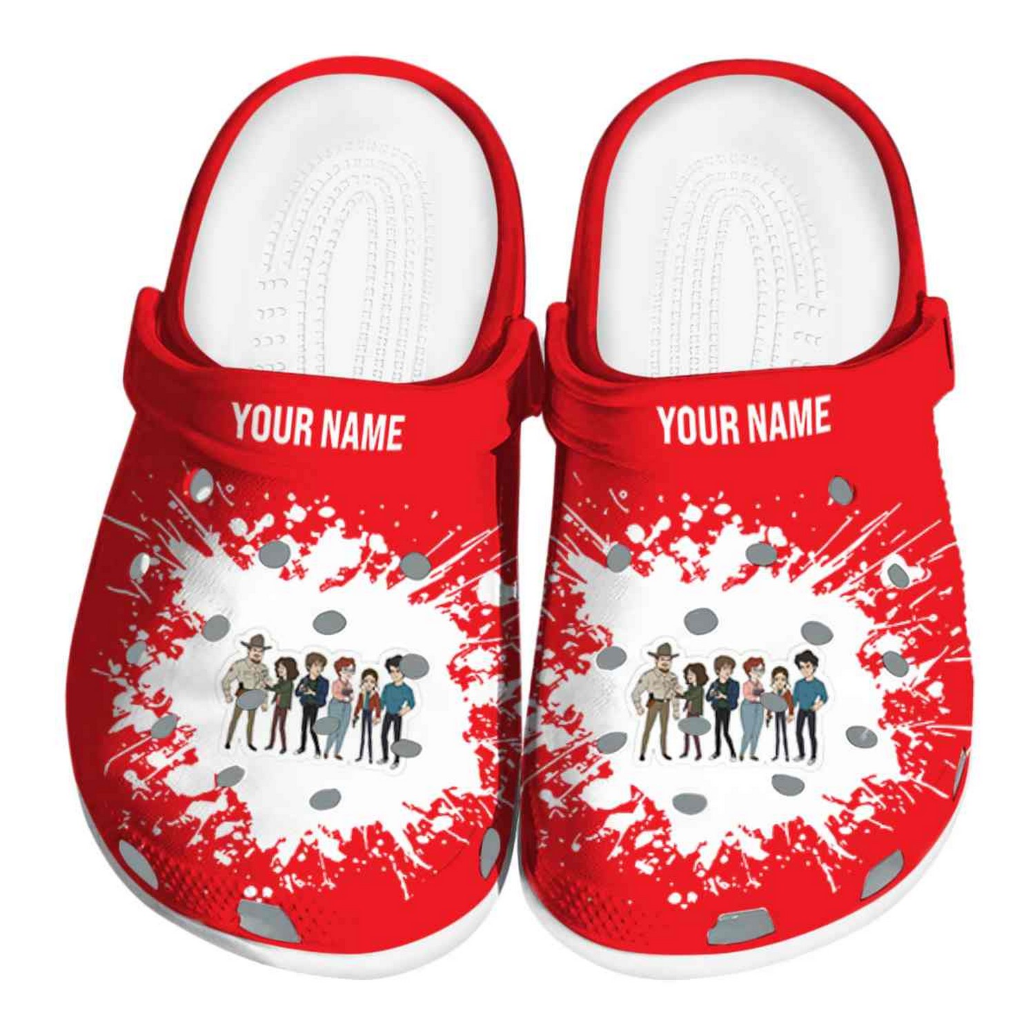 custom name stranger things splatter background clogs for kids 26 adults bwd97