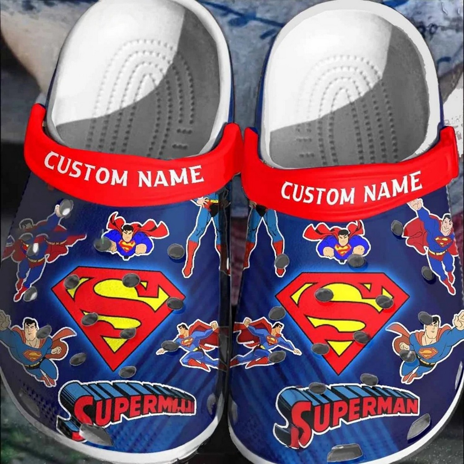 custom name superman cartoon comic clogs for kids and adults s4prq