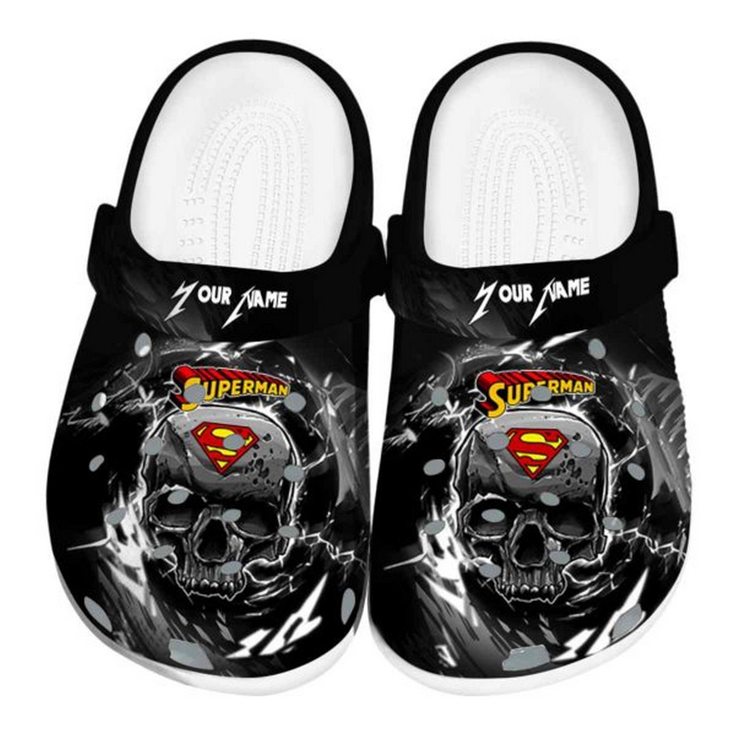 custom name superman gothic skull clogs for kids and adults chf5h