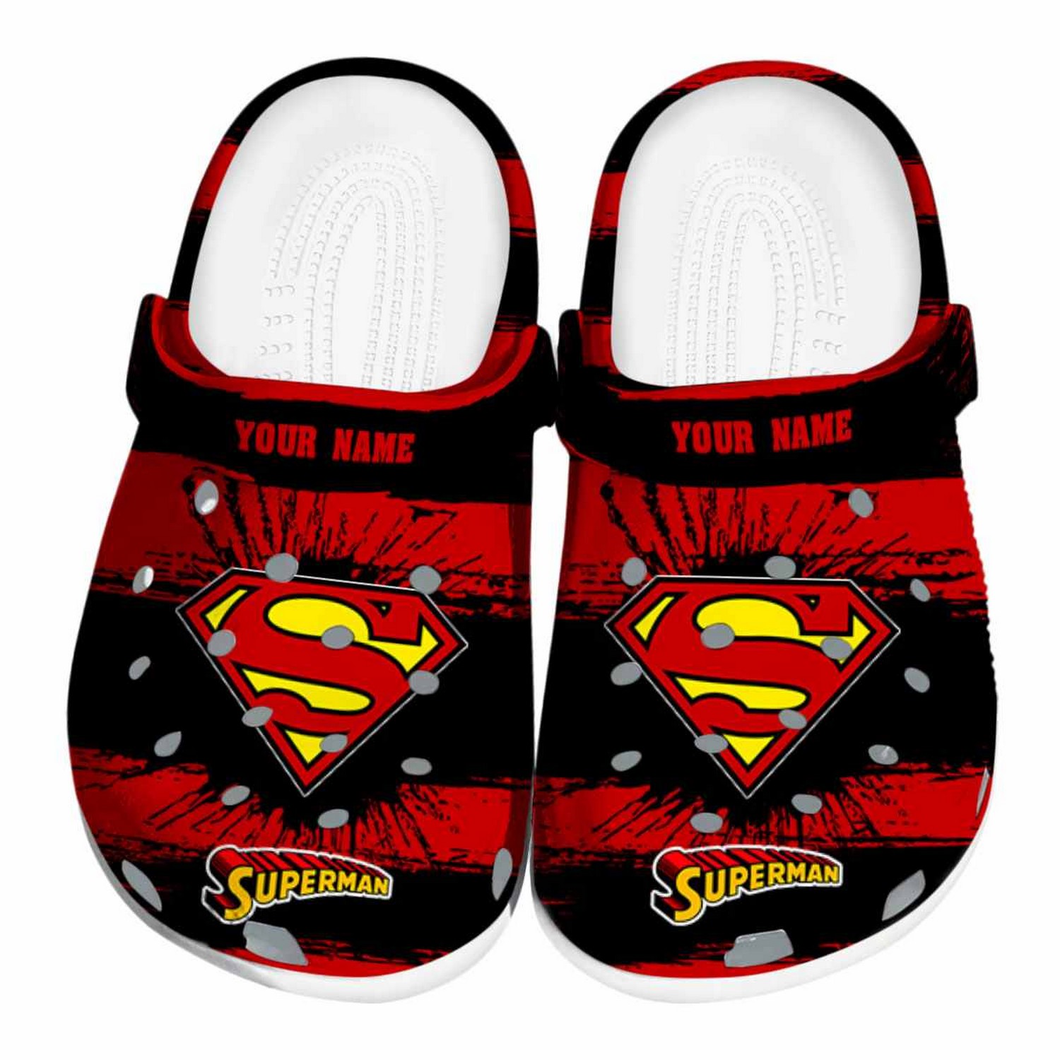 custom name superman paint splatter graphics clogs for kids 26 adults ot7kn