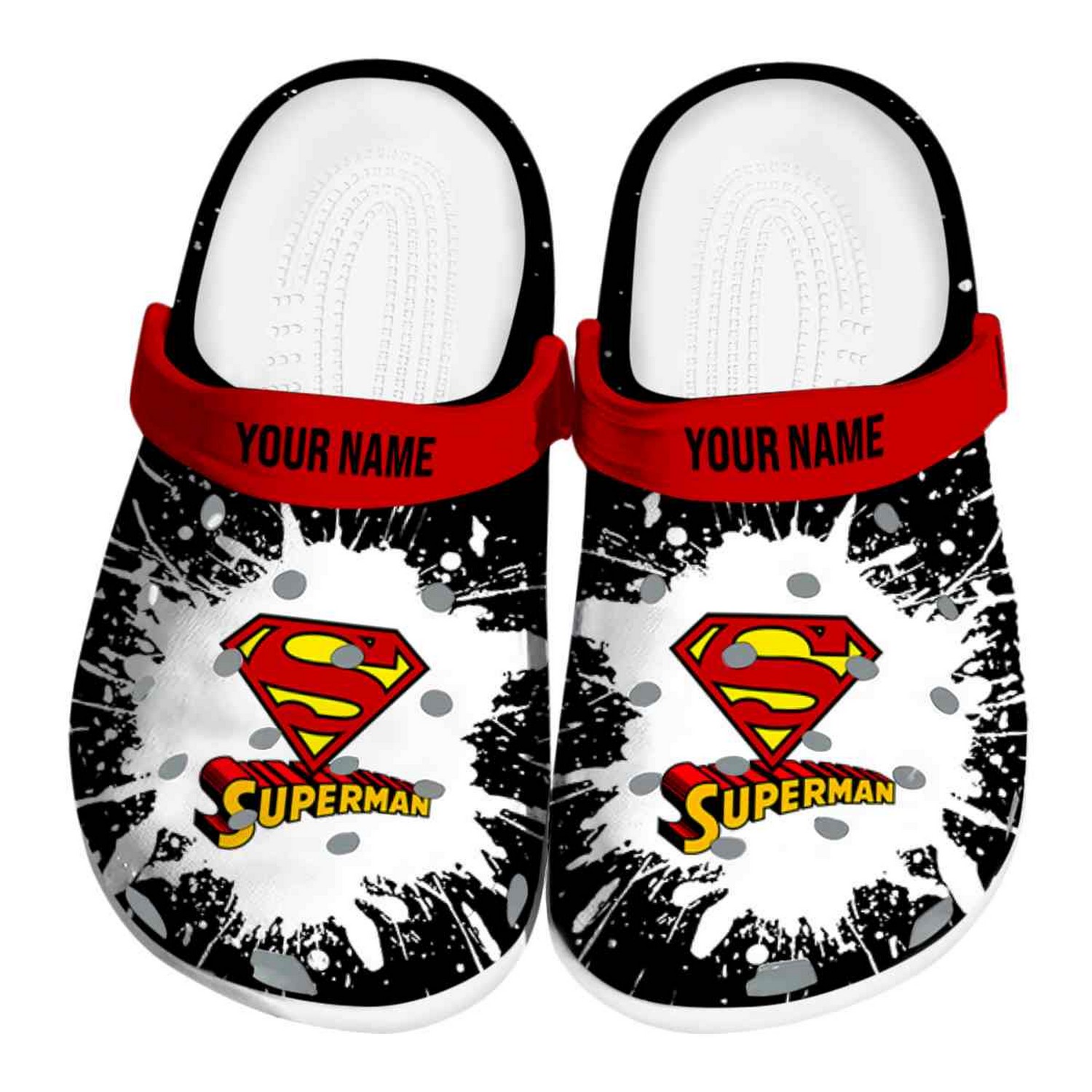 custom name superman splash art clogs for kids and adults softq