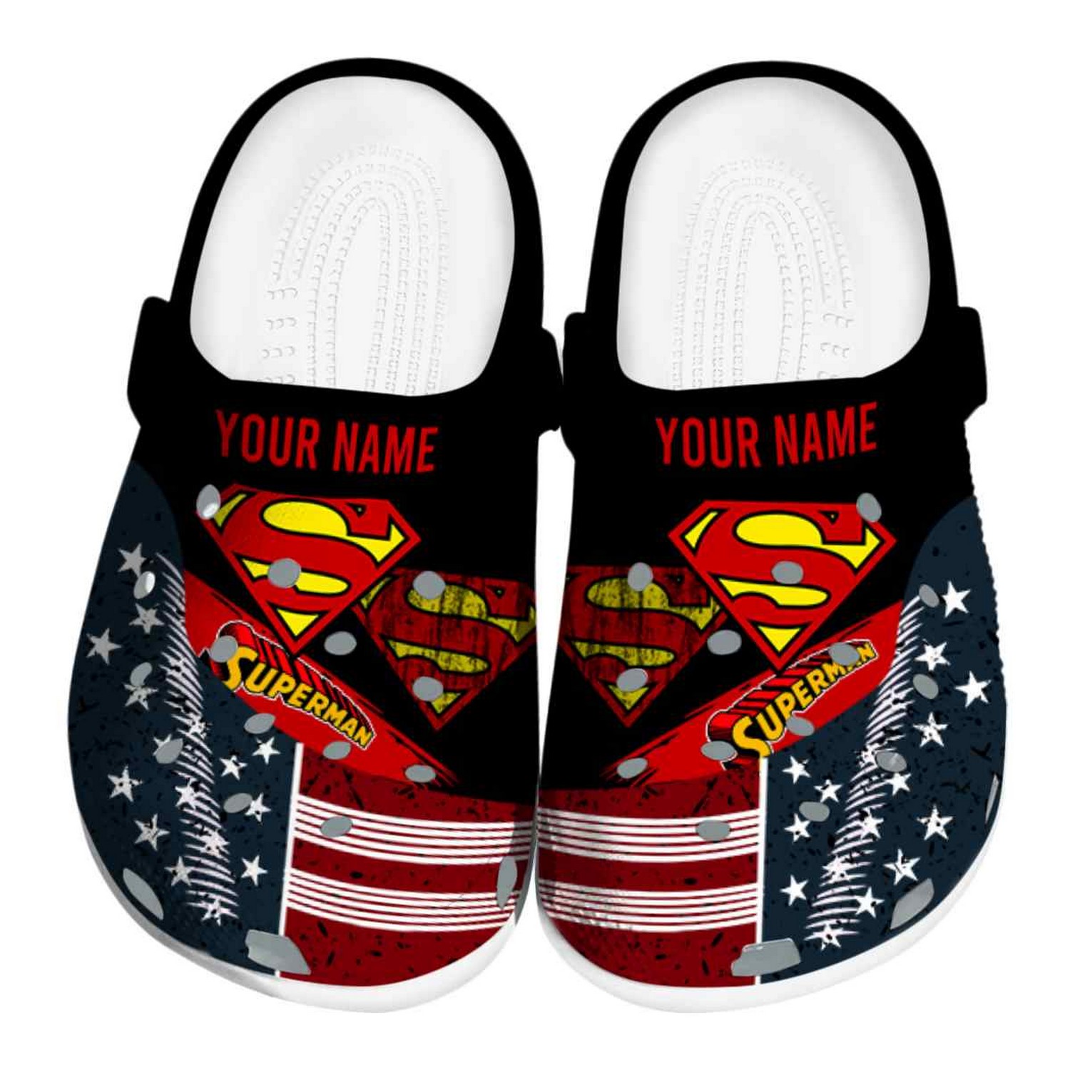custom name superman star spangled side pattern clogs for kids 26 adults boyxm