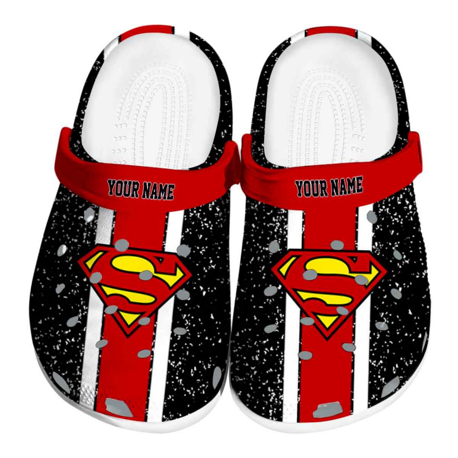 custom name superman vertical stripes clogs for kids 26 adults qav9j