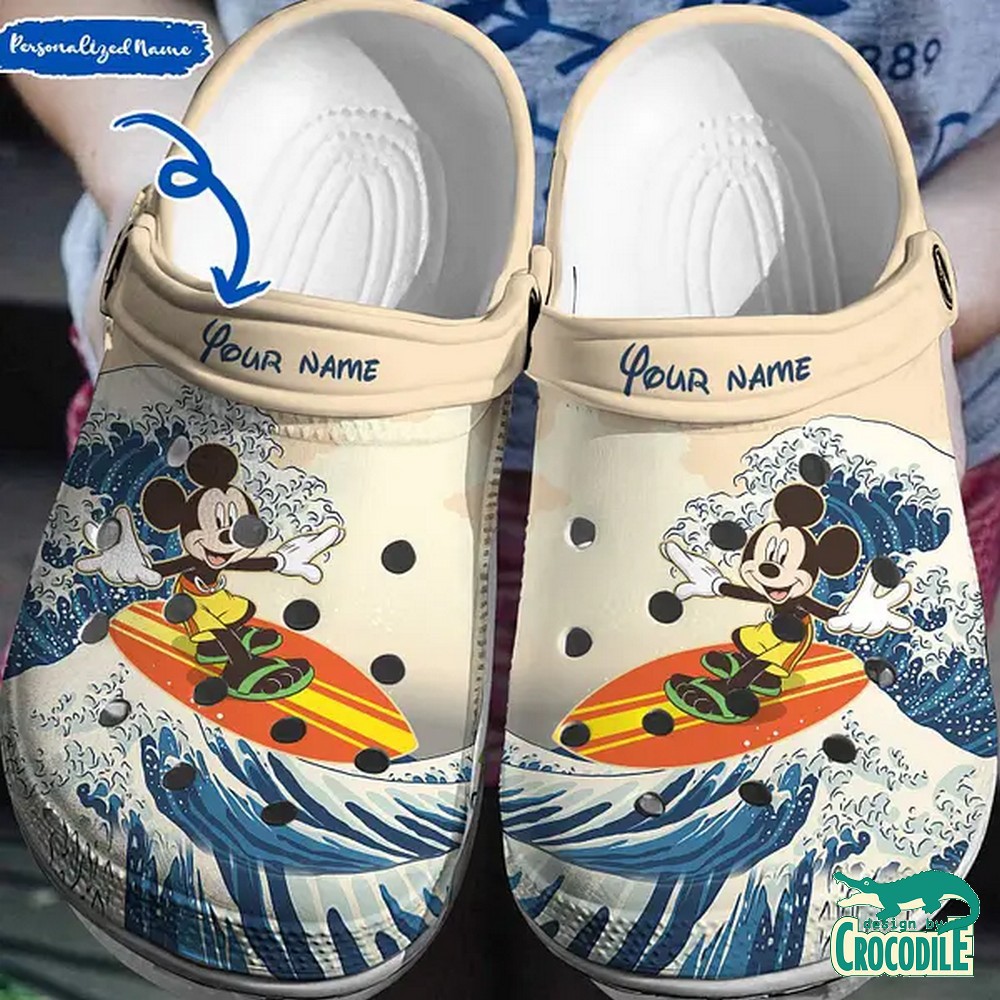 custom name surfing mickey mouse beige clogs for kids 26 adults utrae