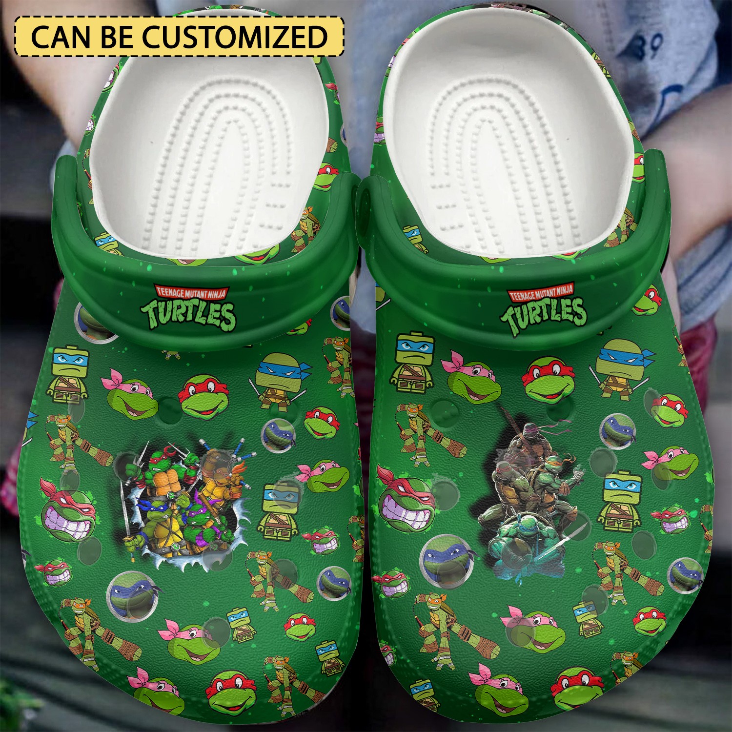 custom name teenage mutant ninja turtles cartoon movie happy face icon green clogs for kids and adults fast shipping du6ed