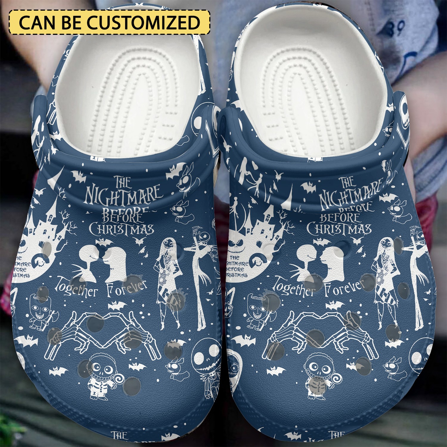 custom name the nightmare before christmas movie forever together blue white clogs for kids and adults h86ln