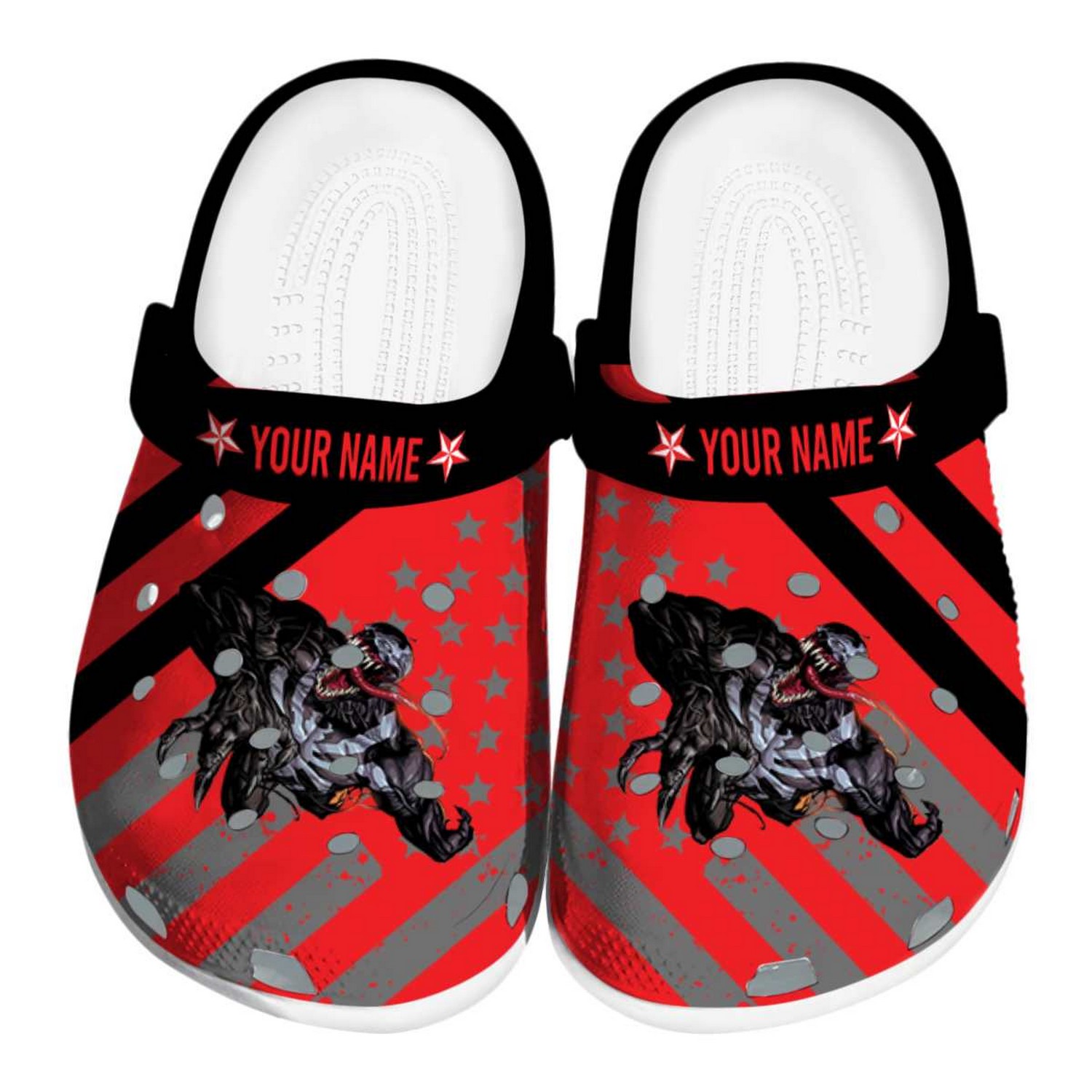custom name venom star spangled graphic clogs for kids and adults ix9t0