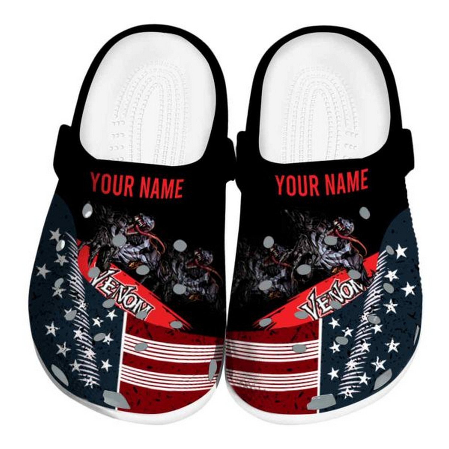 custom name venom star spangled side pattern clogs for kids and adults zi06k