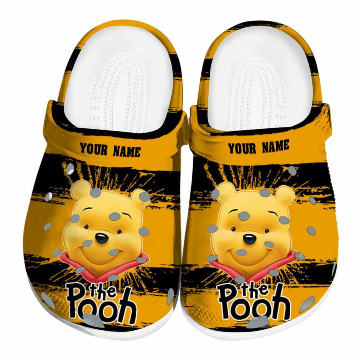 custom name winnie the pooh paint splatter grafics yellow clogs for kids and adults wn53q