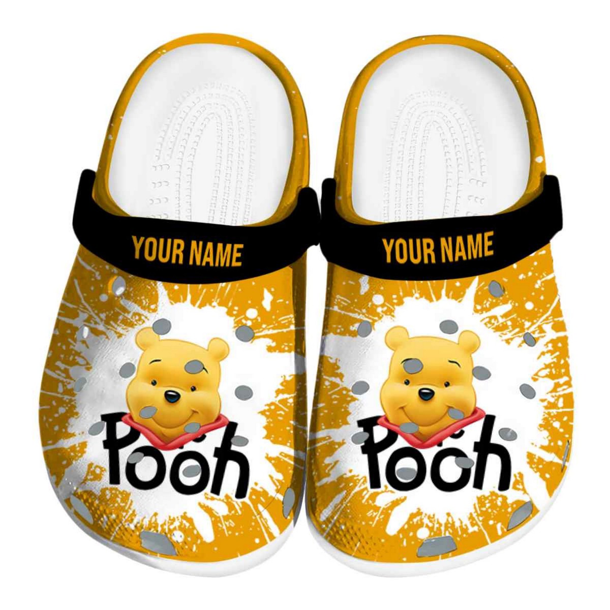 custom name winnie the pooh splash art yellow clogs for kids and adults ugwcf