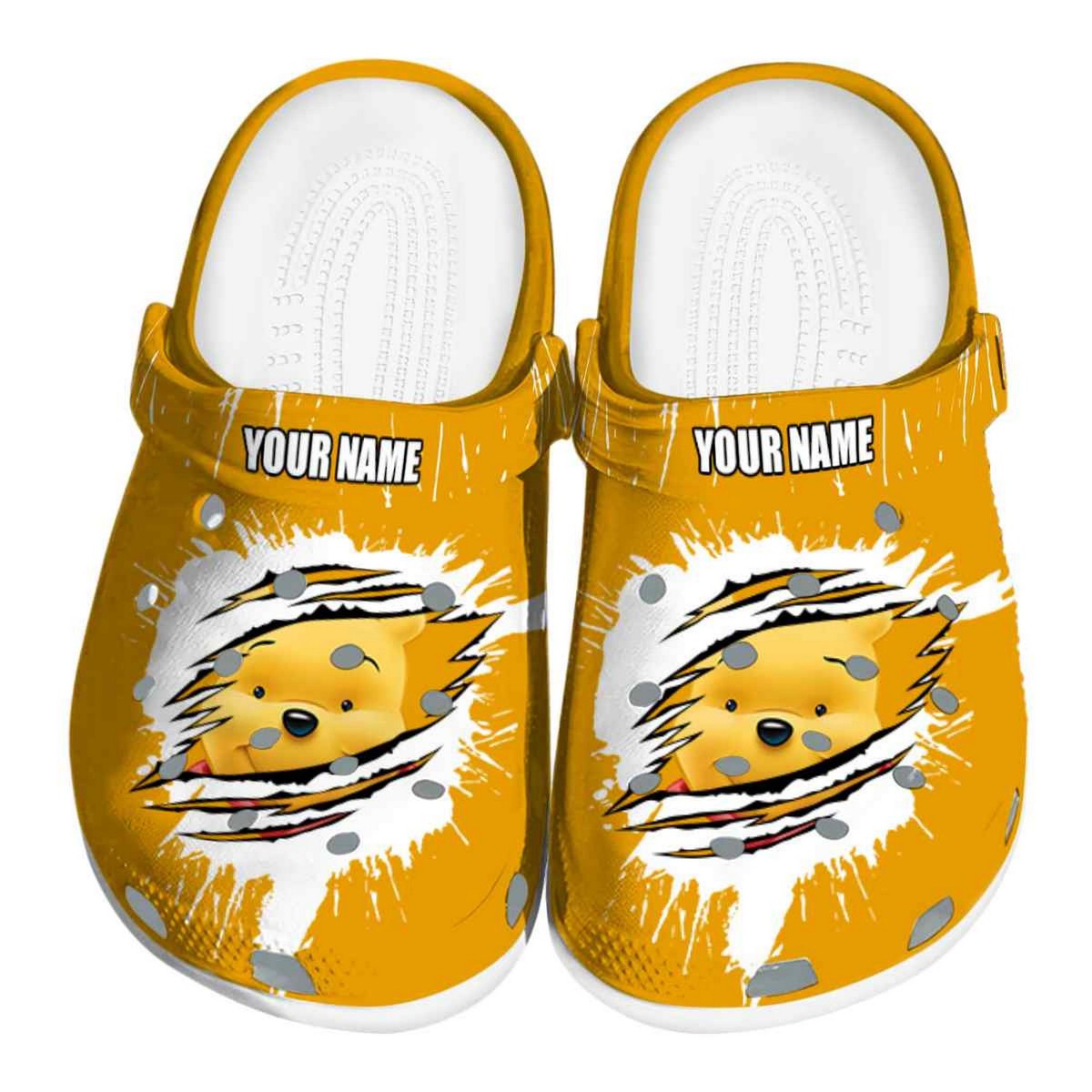 custom name winnie the pooh splash motif background yellow clogs for kids and adults ww9ph