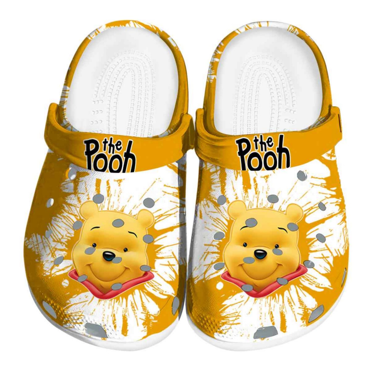custom name winnie the pooh splatter grafics yellow clogs for kids and adults lxbbg