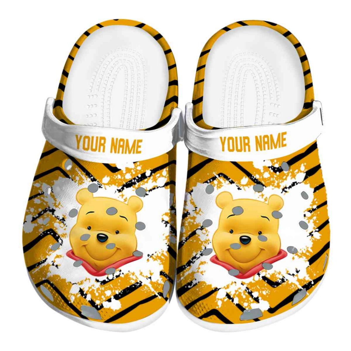 custom name winnie the pooh zigzag paint burst yellow clogs for kids and adults 9udb7