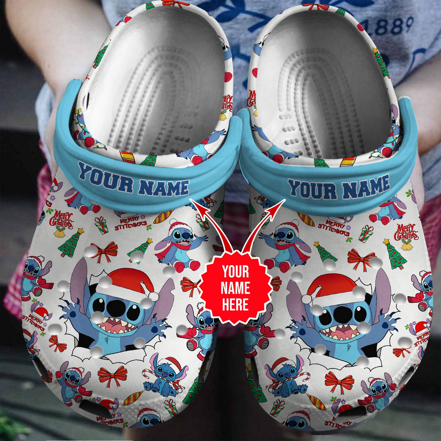 custome name happy stitch christmas hat white and blue clogs for kids 26 adults piokq