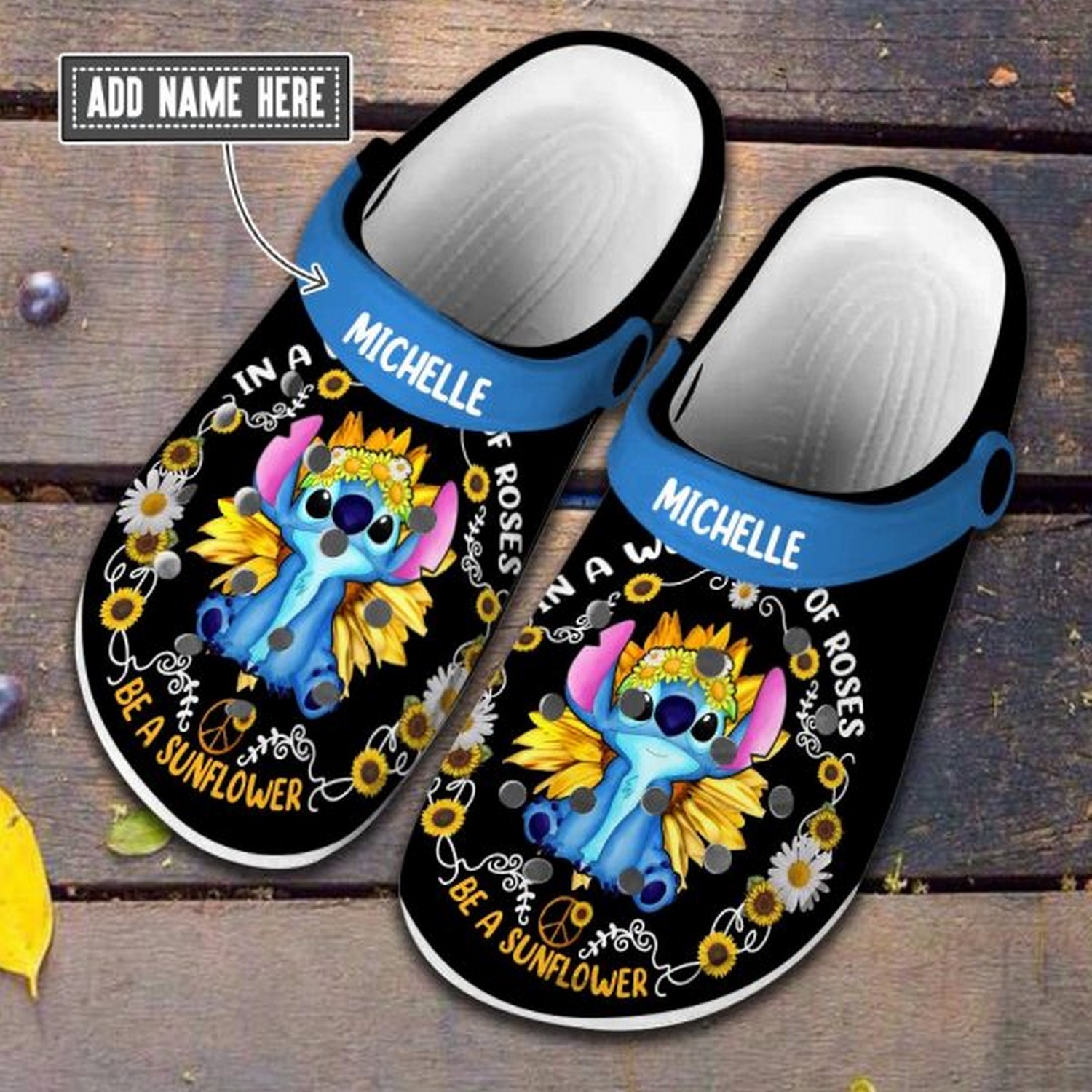 custome name stitch and sunflower black clogs for kids 26 adults 2zk86