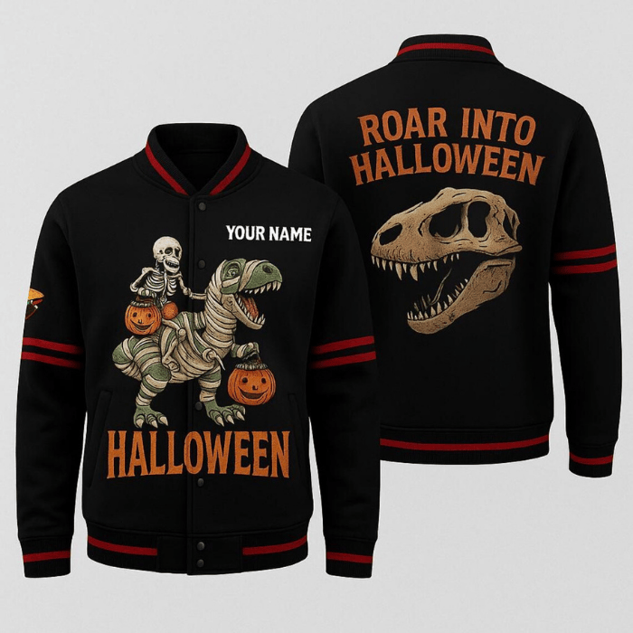 customized roar into halloween funny t rex baseball jacket czrgg