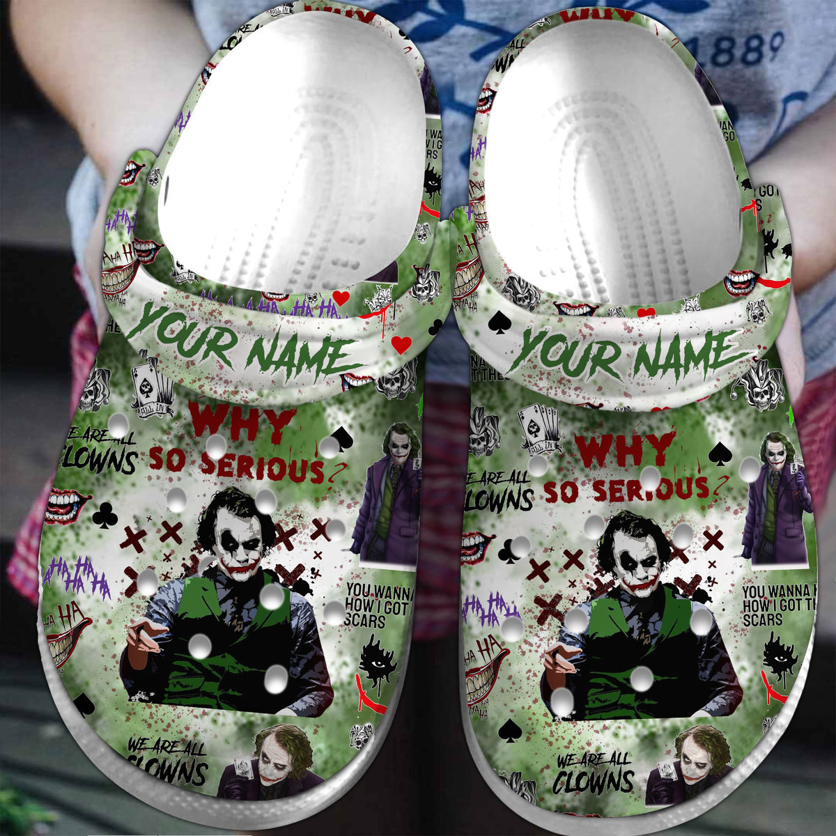 customized scary joker why so serious green clogs for kids and adults ryrqo
