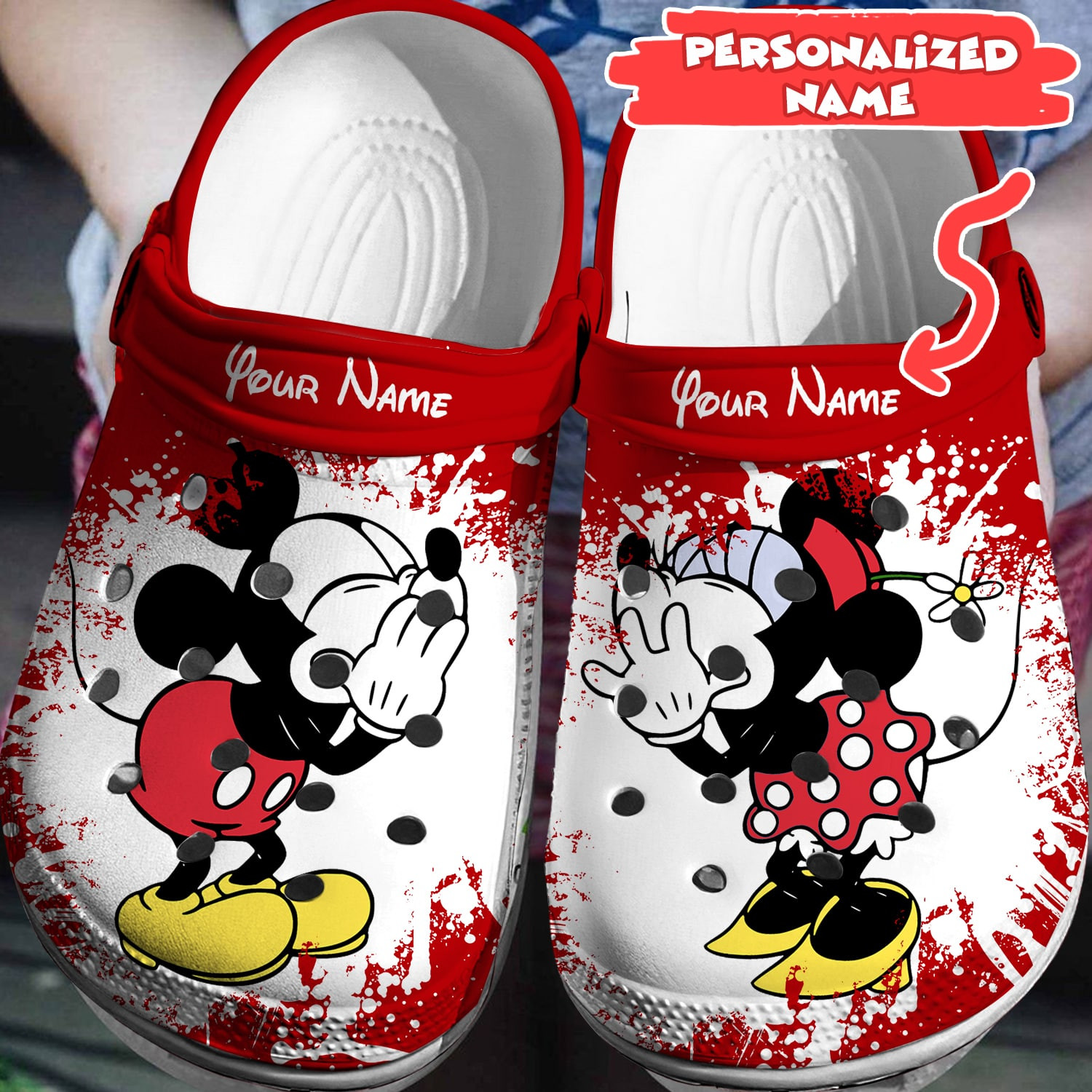 cute love kiss mickey and minnie mouse white and red clogs for kids 26 adults mw9u7