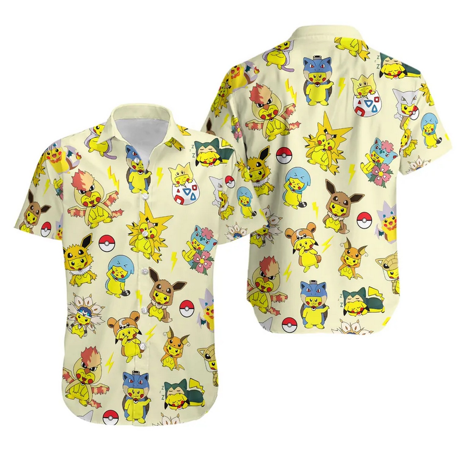 cute pokemon pattern light yellow hawaiian shirt f76ik