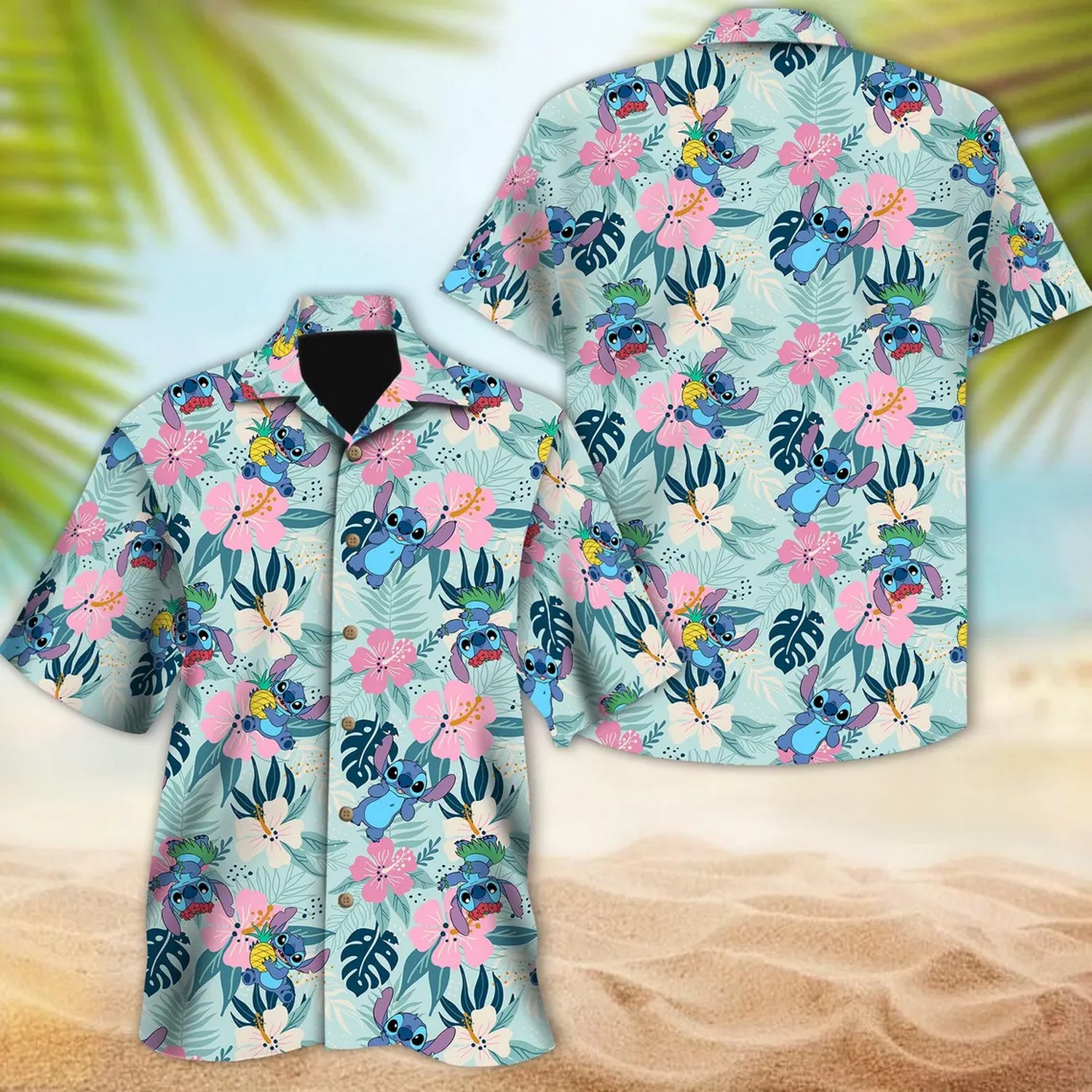 cute stitch and hibiscus flower blue hawaiian shirt yhape