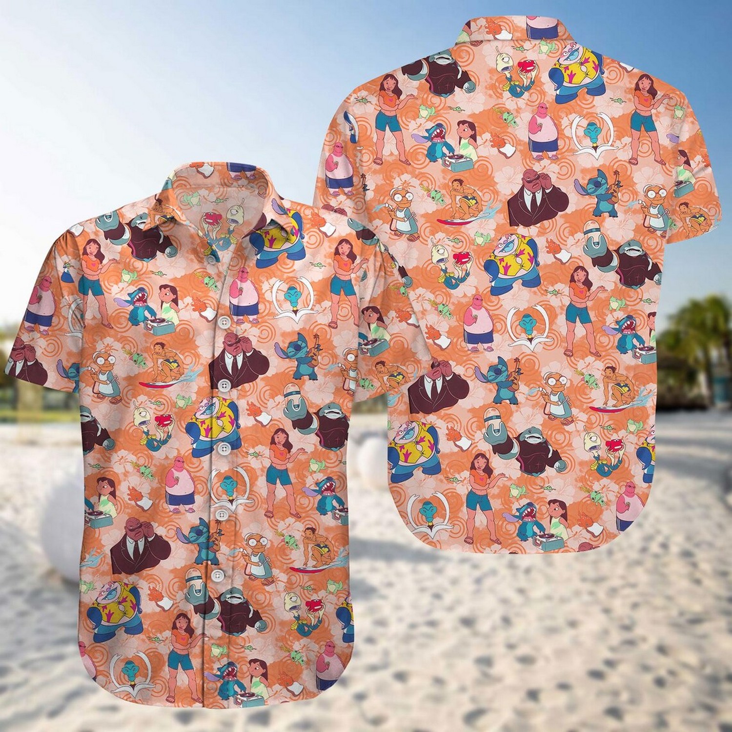 cute stitch characters orange pattern hawaiian shirt gapiw