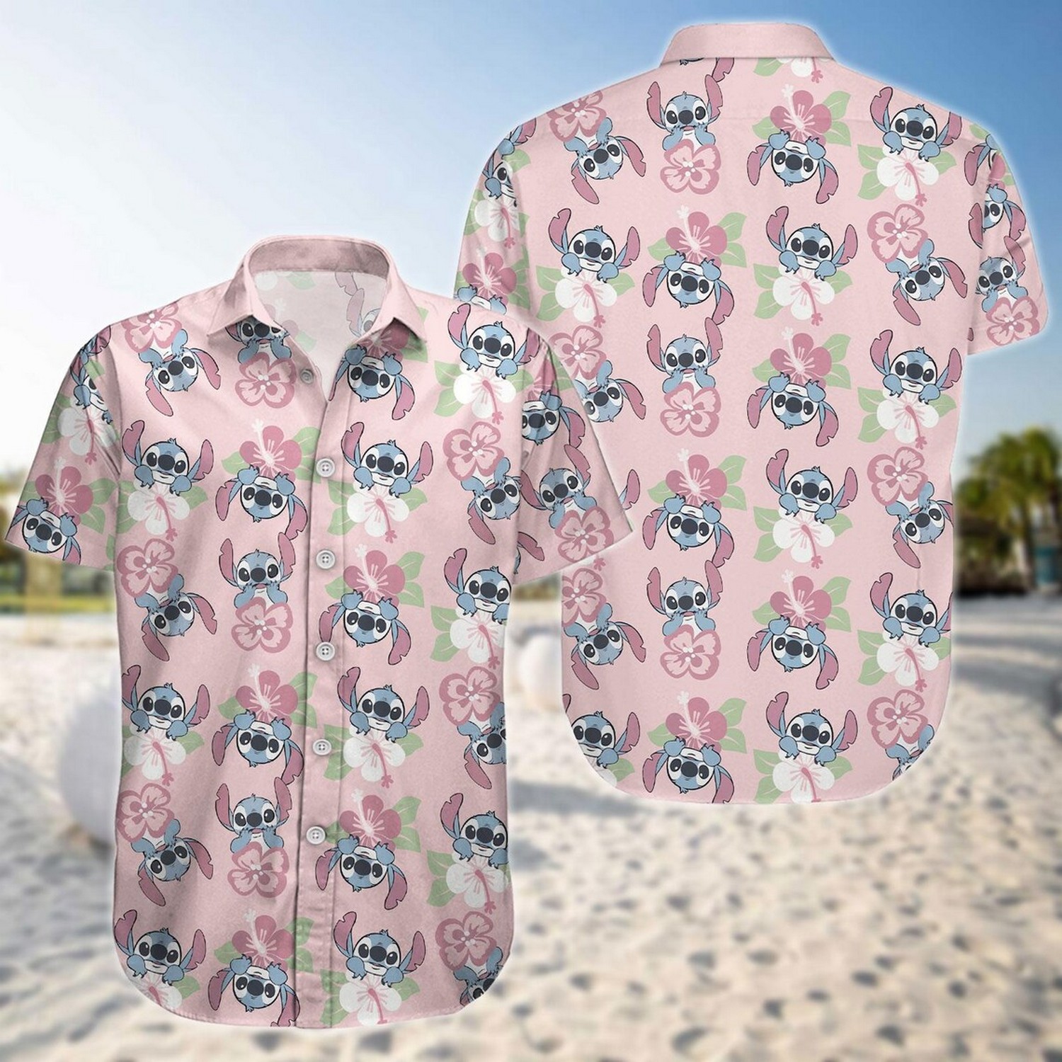 cute stitch face and hibiscus flower summer holiday pink hawaiian shirt ojf7i