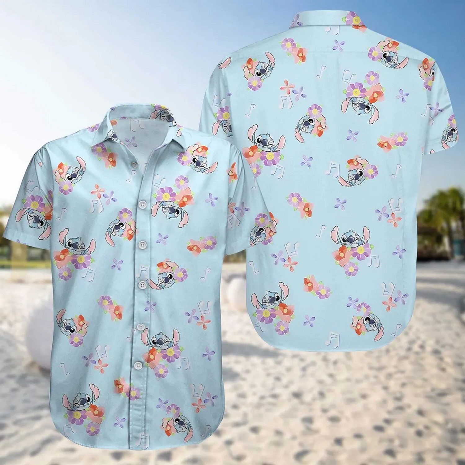 cute stitch floral light blue hawaiian shirt aiz83