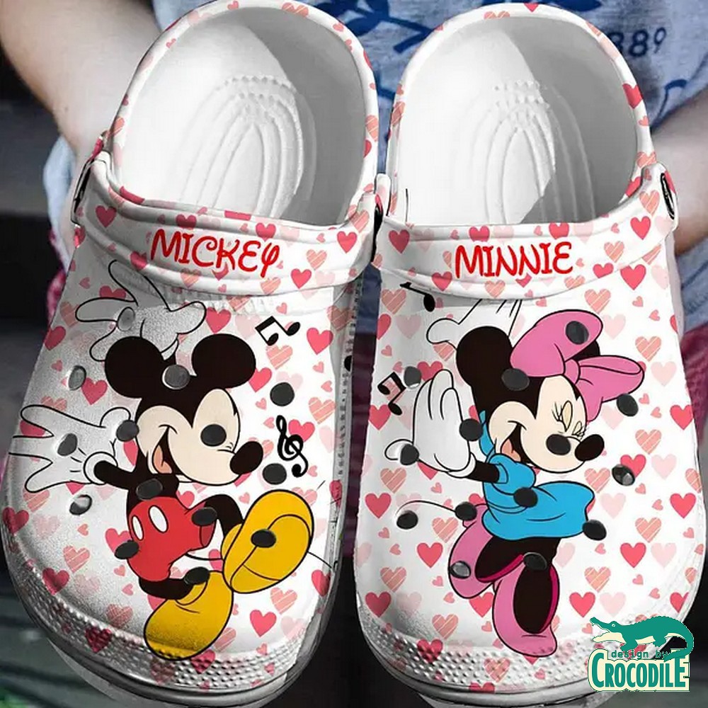 dancing with musical notes mickey and minnie mouse pink hearts white clogs for kids 26 adults bv0i0