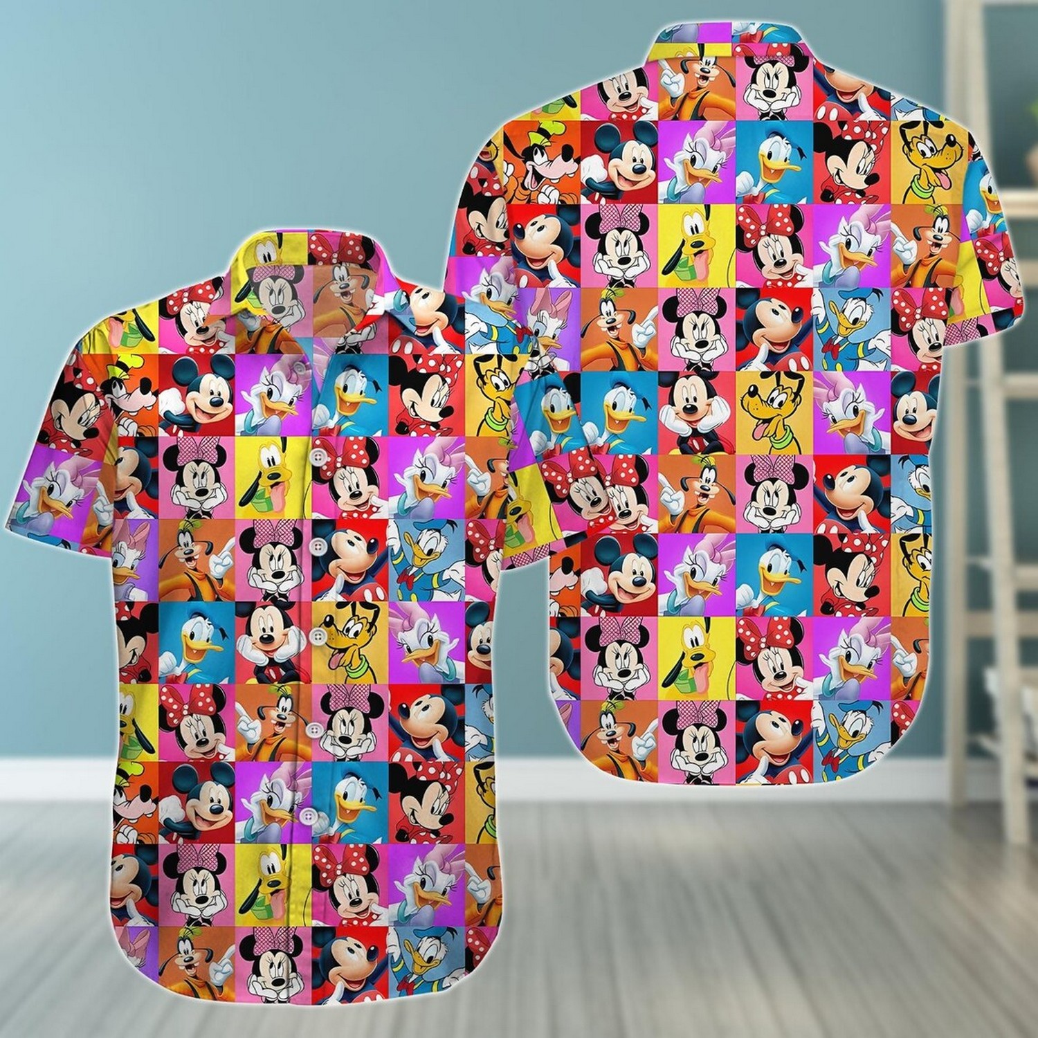 disney characters checkered colorful hawaiian shirt 8cxii