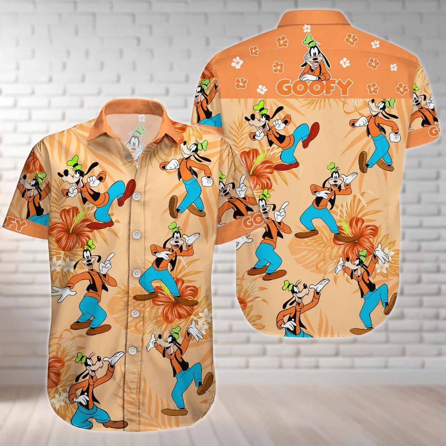 disney goofy and tropical hibiscus flower orange hawaiian shirt bkxwc