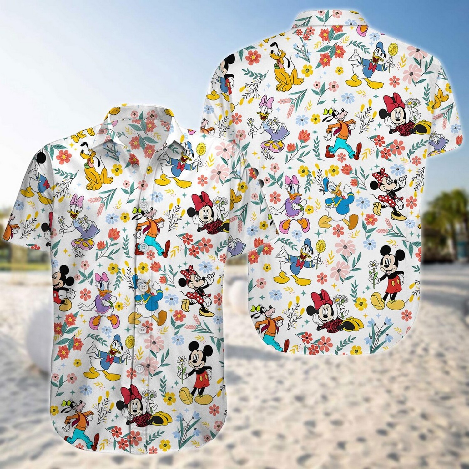disney mickey and friends and flower pattern white hawaiian shirt 2tmzw