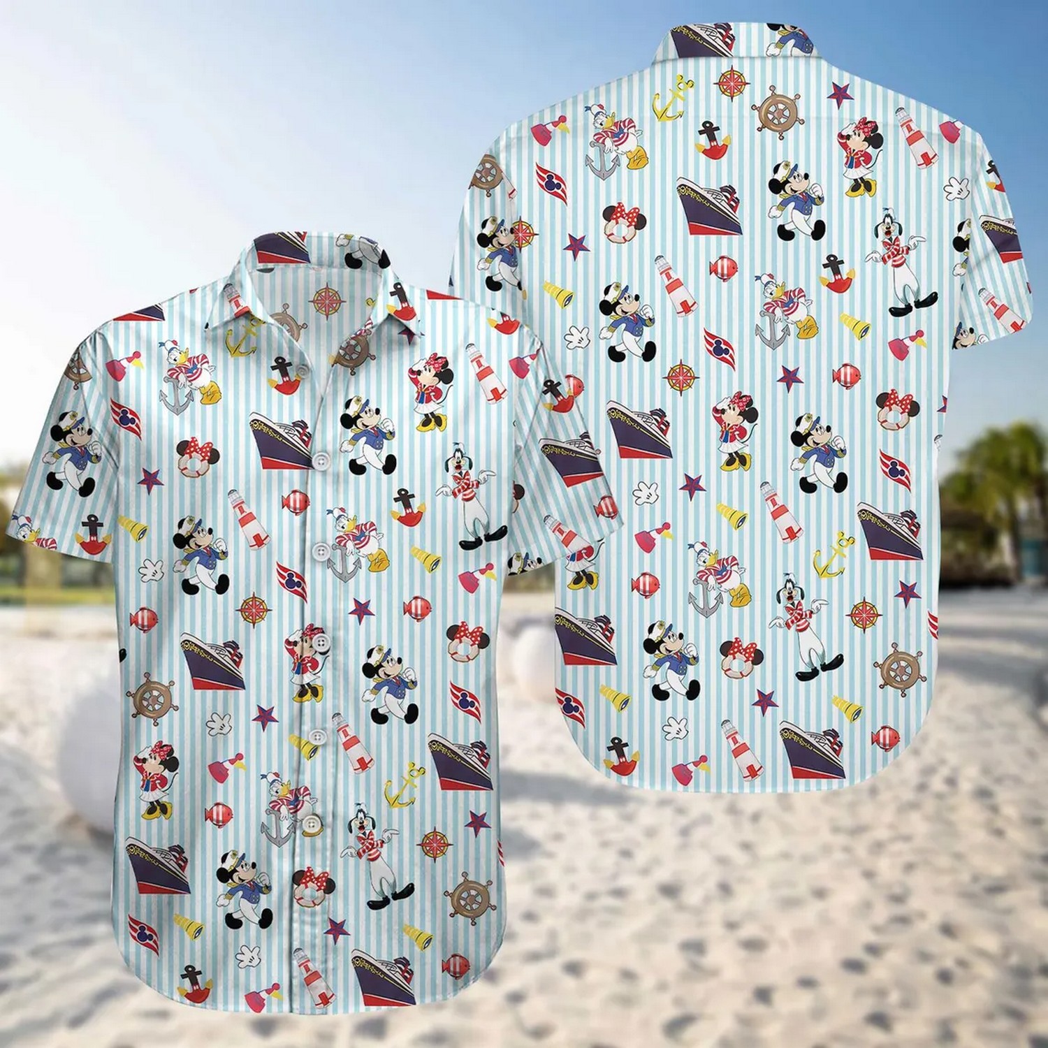 disney mickey and friends summer striped blue hawaiian shirt xrjwm