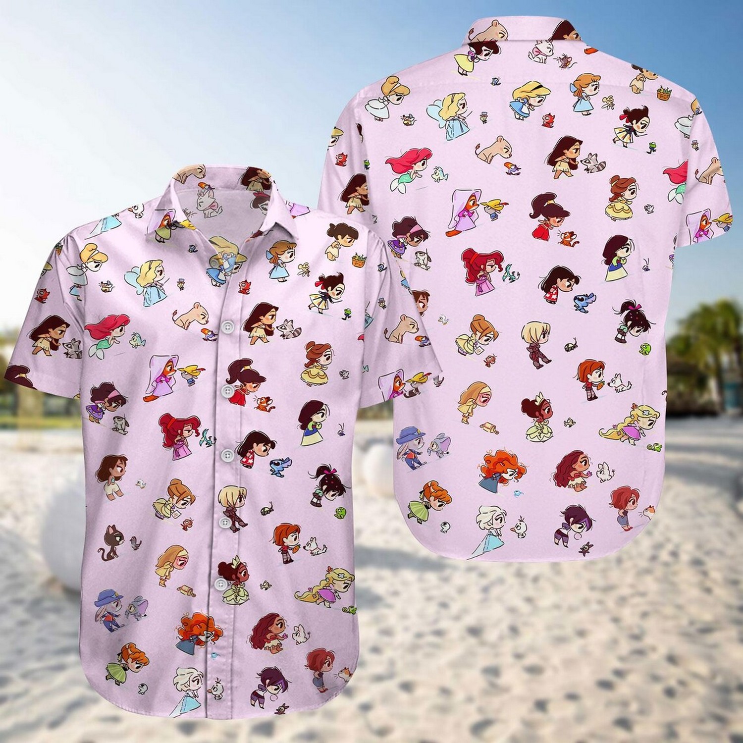disney princess chibi cute summer outfit light pink hawaiian shirt ypxk9