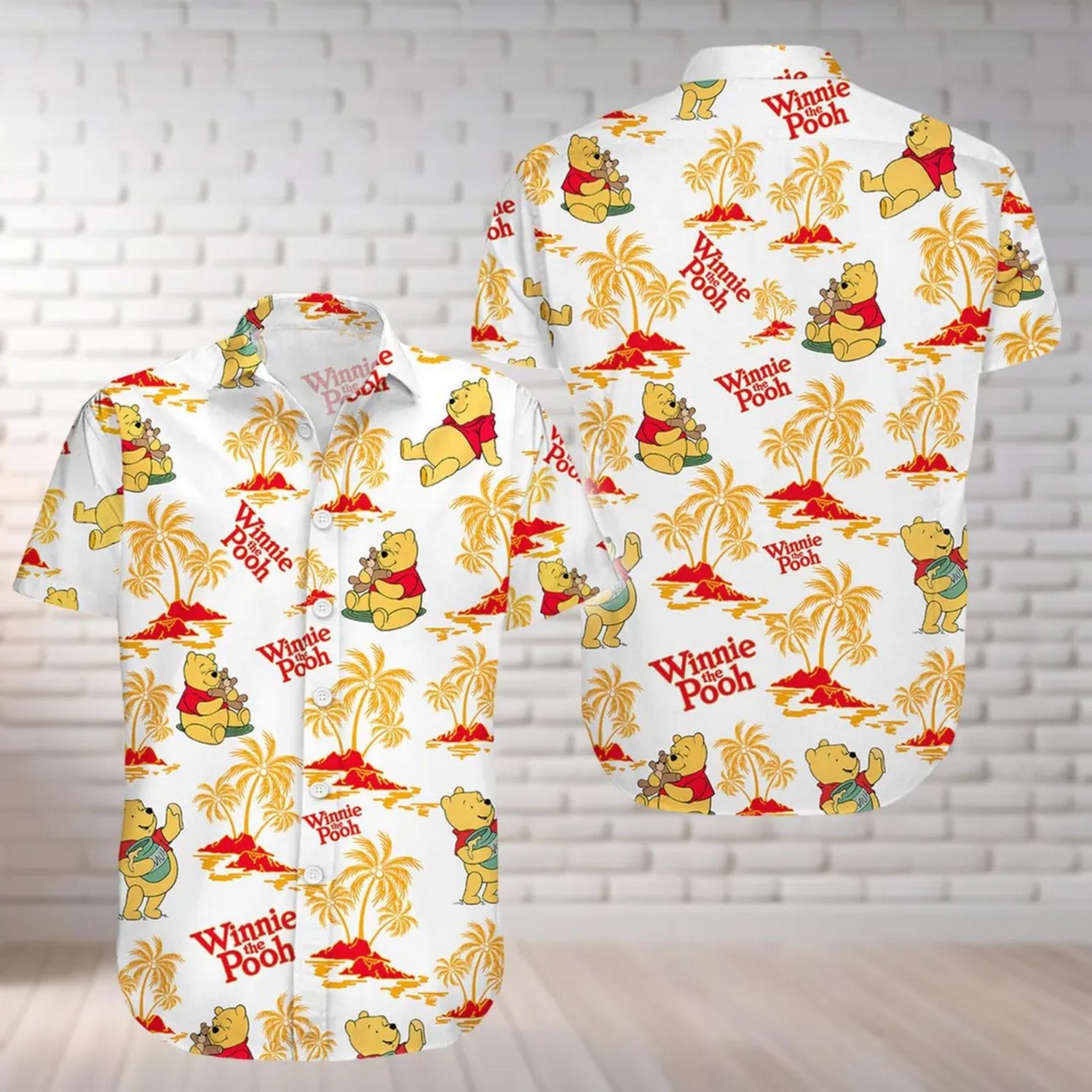 disney winnie pooh and yellow coconut tree pattern hawaiian shirt 7hxan