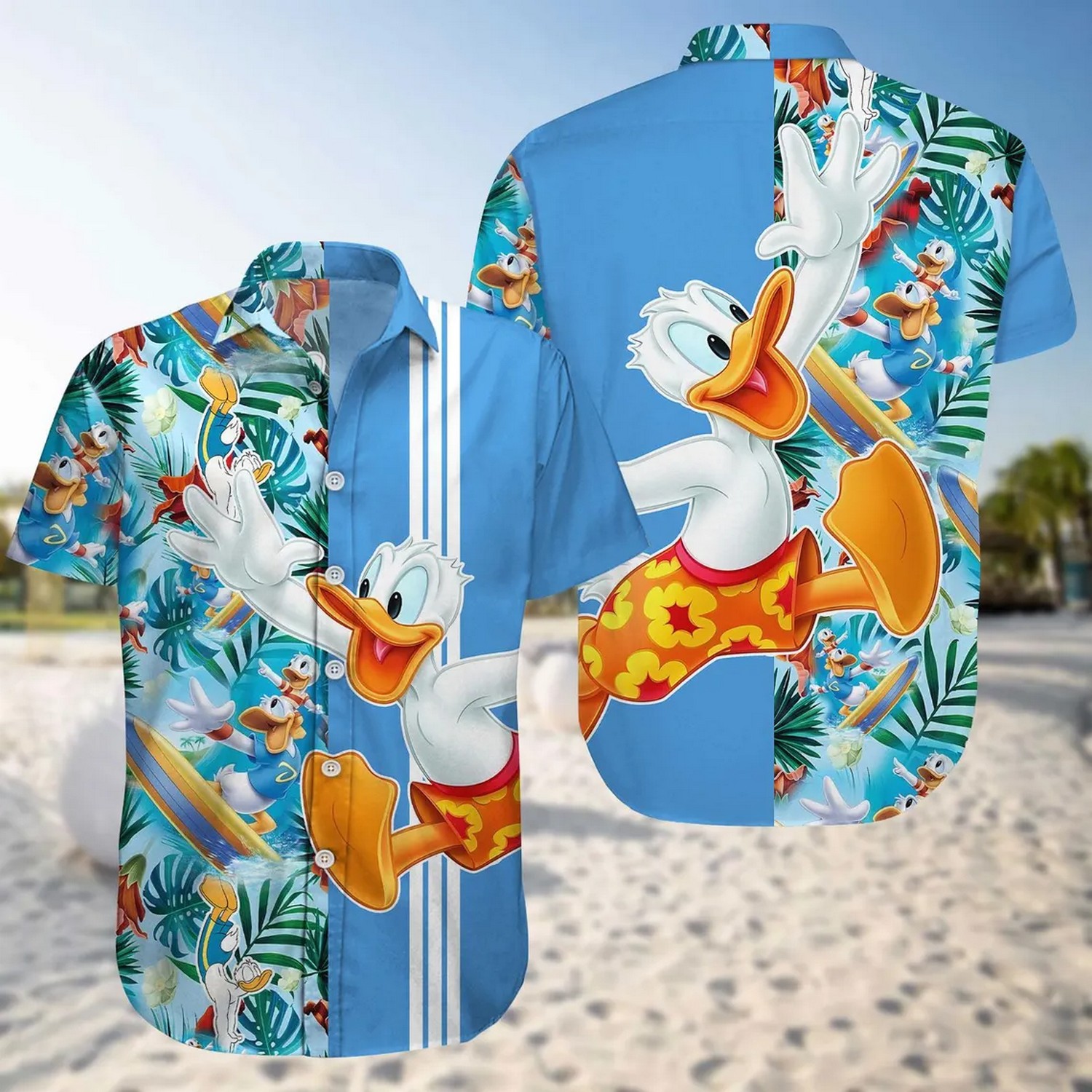 donald duck surfing floral blue hawaiian shirt 6rov1