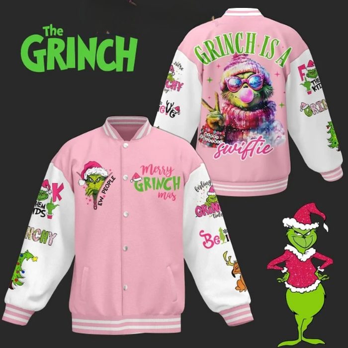 dreamy pink grinch is a swifties merry christmas baseball jacket fno7n