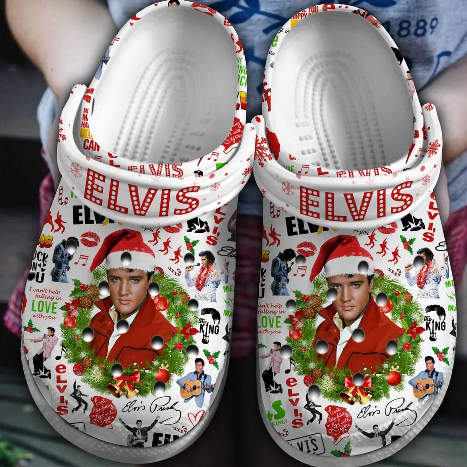 elvis merry christmas white clogs for kids and adults 9x6dp