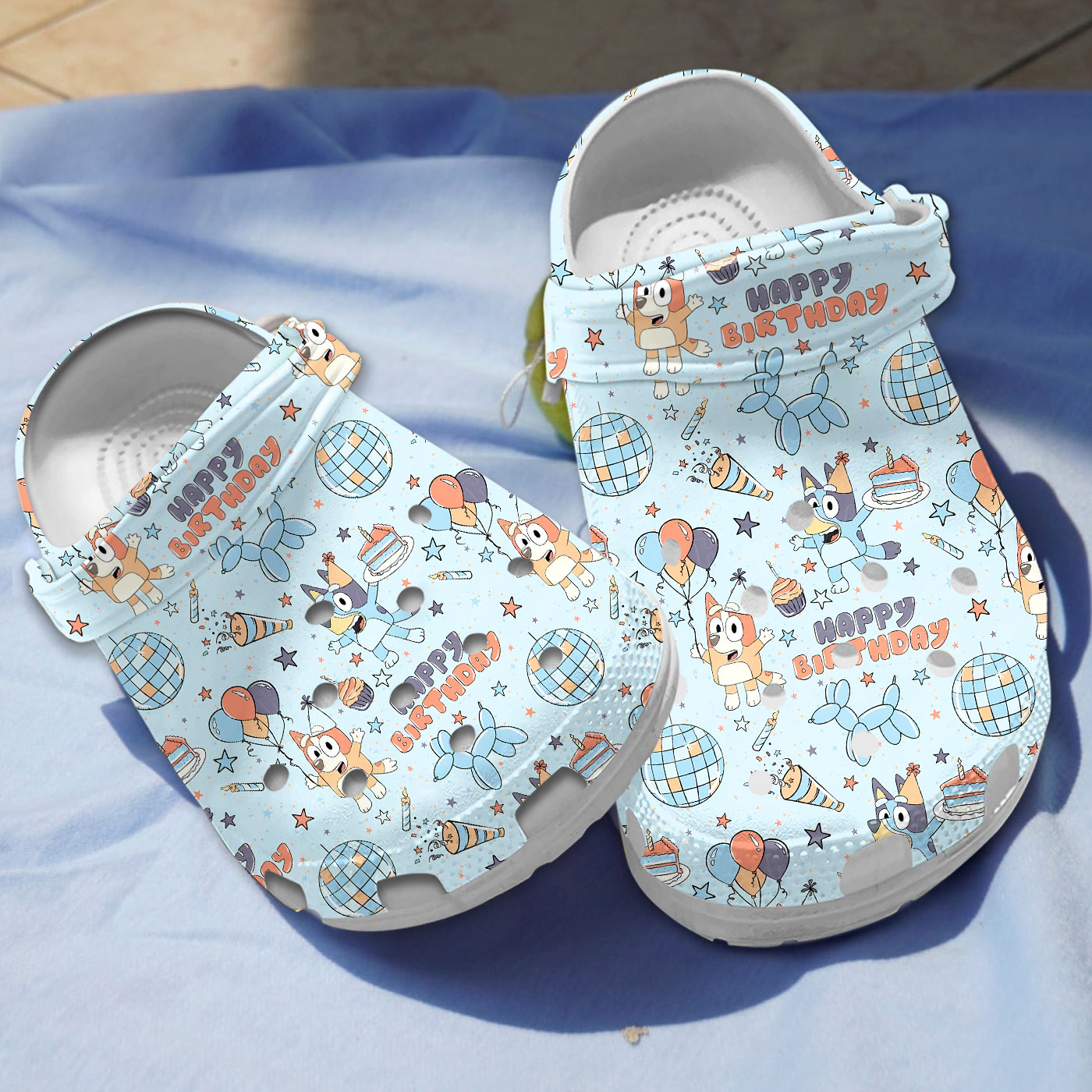 exciting happy birthday bluey light blue cartoon clogs for kids and adults n8zh5