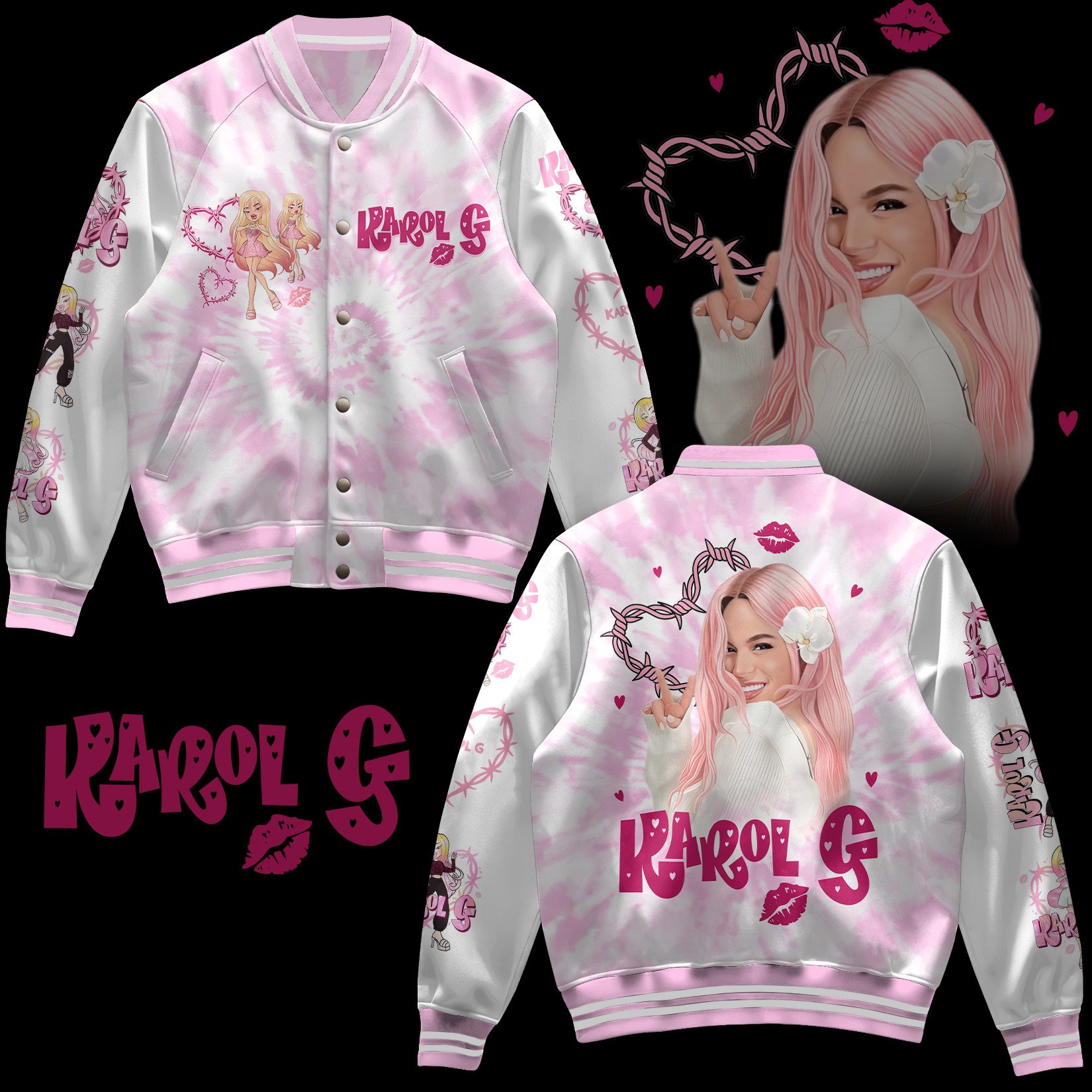 eye catching pink karol g tie dye baseball jacket 2wrck