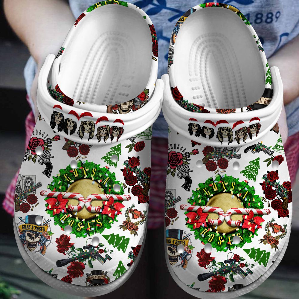 eye catching white gun n roses music clogs christmas edition qg3ka